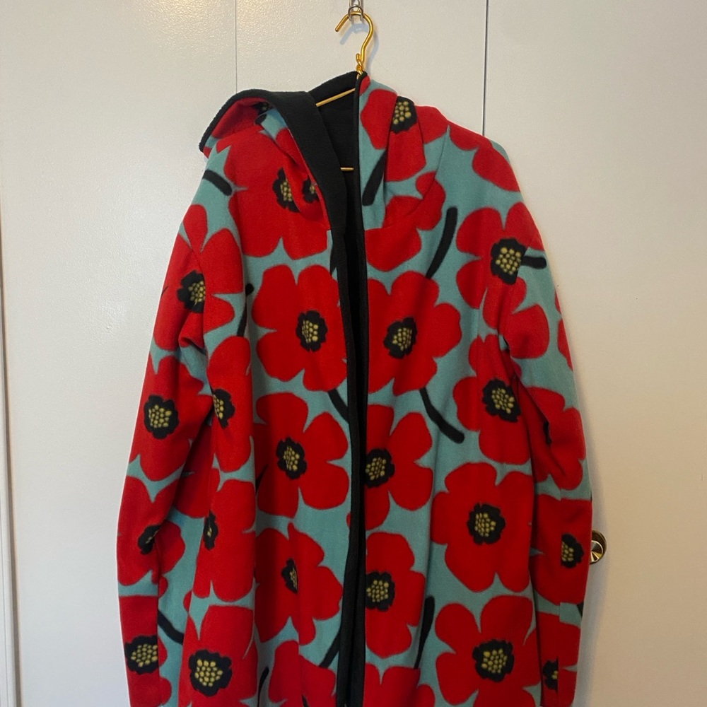 Floral Red, Teal & Black Hooded Fleece Overcoat inspired by Marimekko